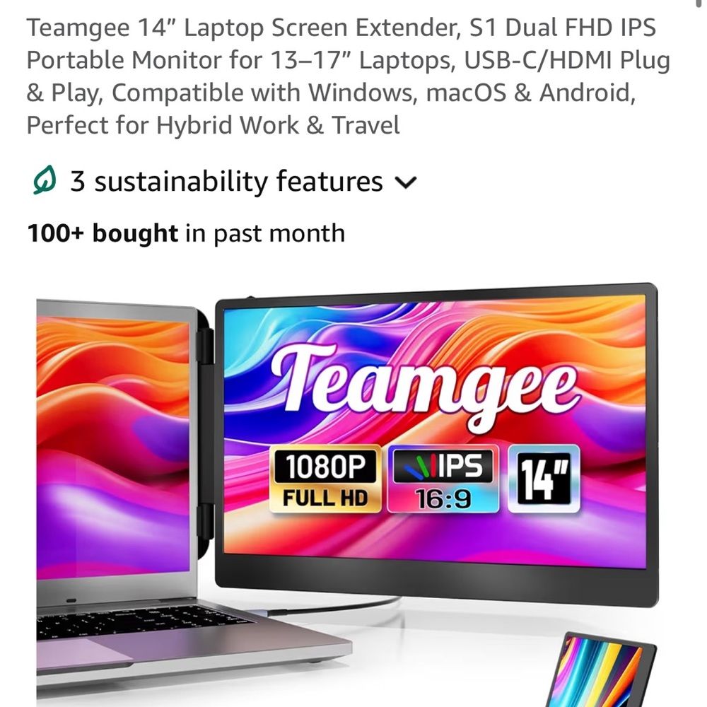 Teamgee 14" Portable Dual FHD IPS Monitor - Black
